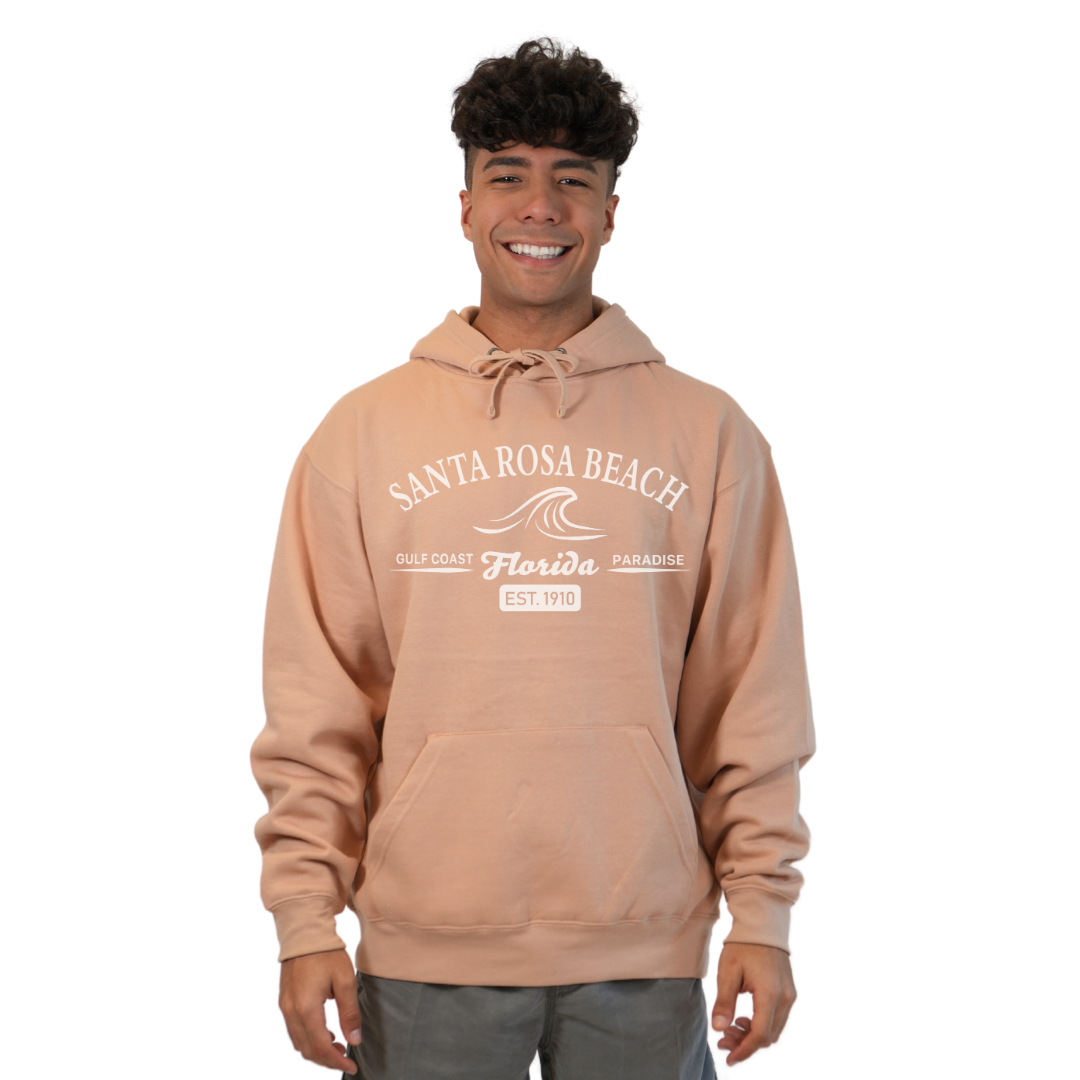 Santa Rosa Beach Pullover Hoodie Men with Big Front Florida Gulf Coast Paradise with Wave Icon Design Style 252