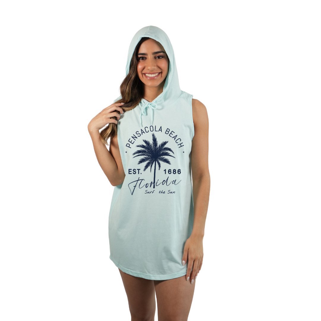 Pensacola Beach Women Sleeveless Cover Up Hoodie with a Front Big Palm Tree Est. 1984 Design Style 263