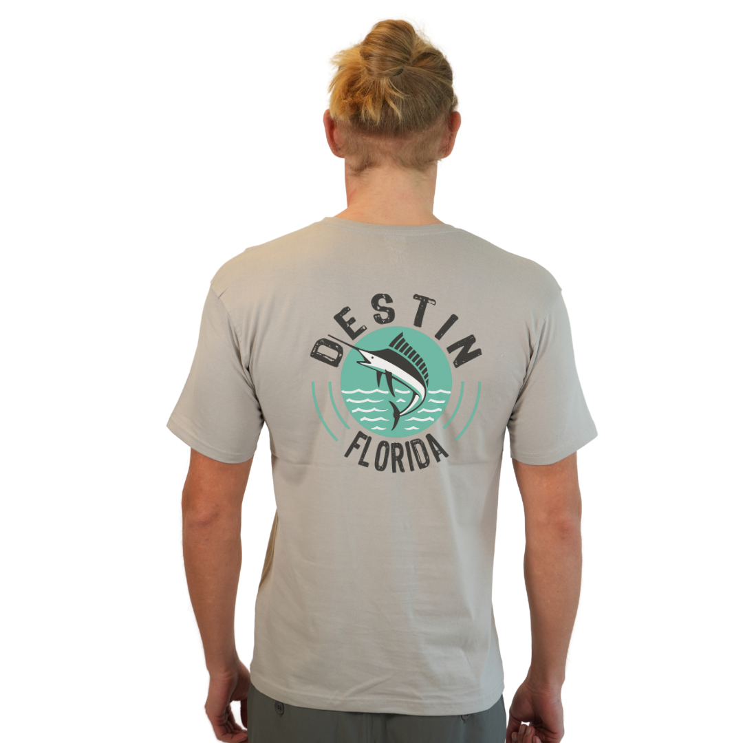 Destin Florida Combed Cotton Men T-Shirt with a Front Pocket Design and back big Marlin Design Style CC1000