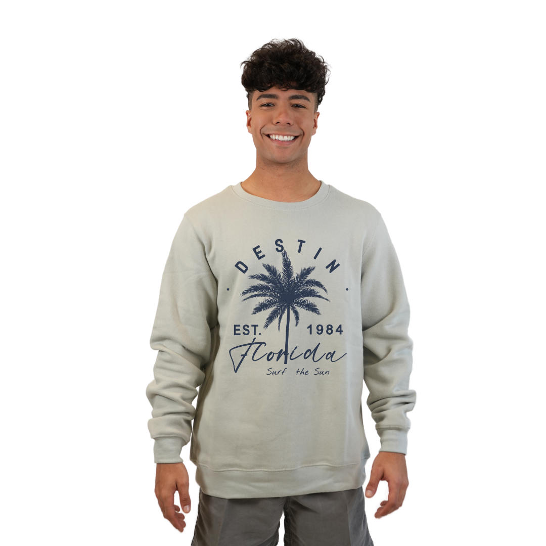 Destin Florida Fleece Crewneck Sweatshirt Men with a Front Palm Tree Est. 1984 Design Style 067 SWEATSHIRT alvinsisland.com Silver S