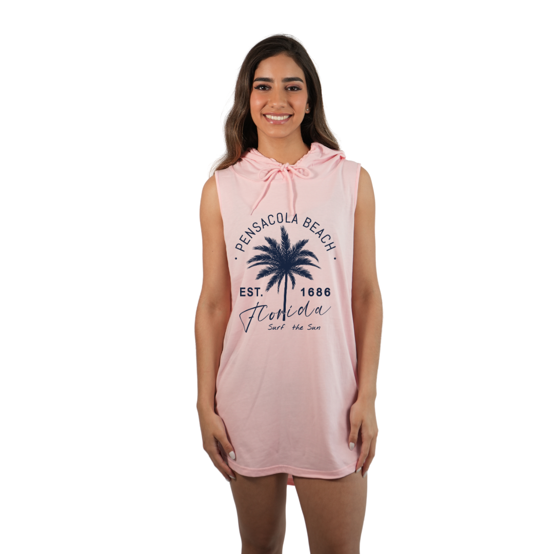 Pensacola Beach Women Sleeveless Cover Up Hoodie with a Front Big Palm Tree Est. 1984 Design Style 263