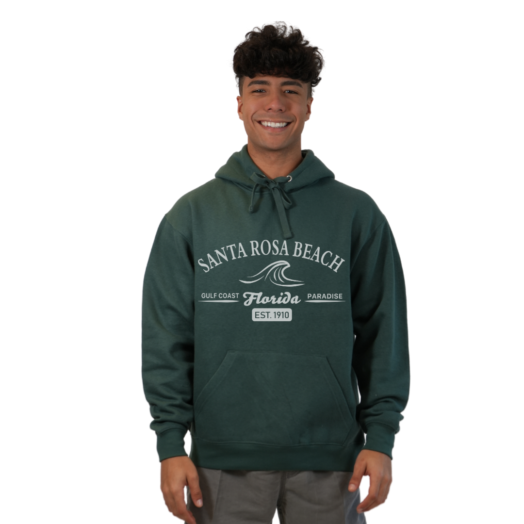 Santa Rosa Beach Pullover Hoodie Men with Big Front Florida Gulf Coast Paradise with Wave Icon Design Style 252