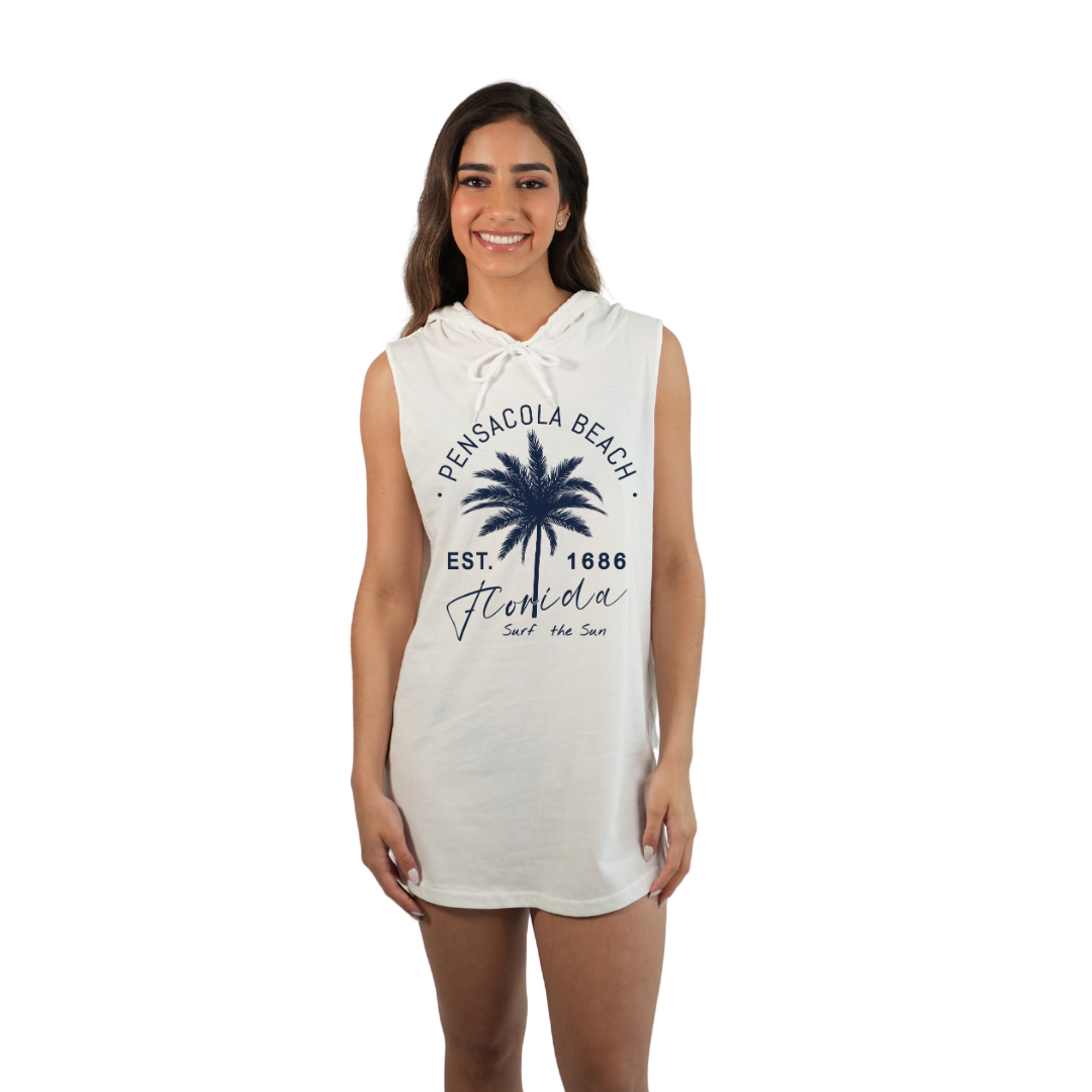 Pensacola Beach Women Sleeveless Cover Up Hoodie with a Front Big Palm Tree Est. 1984 Design Style 263