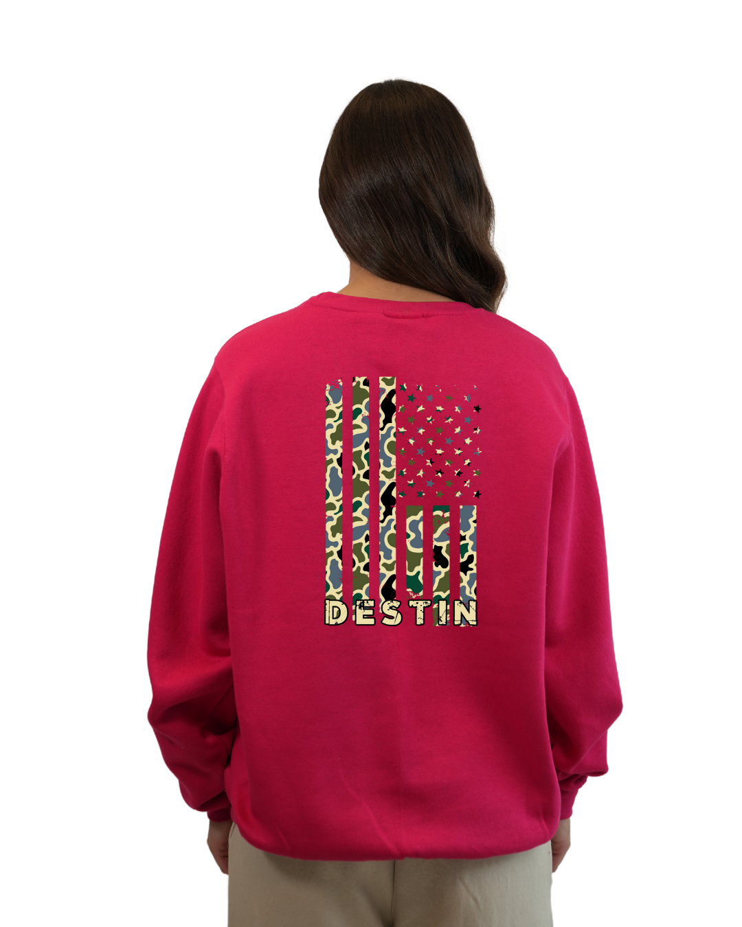 Destin American Flag Women Crewneck – Camouflage Edition