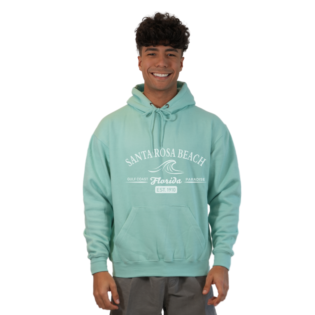 Santa Rosa Beach Pullover Hoodie Men with Big Front Florida Gulf Coast Paradise with Wave Icon Design Style 252