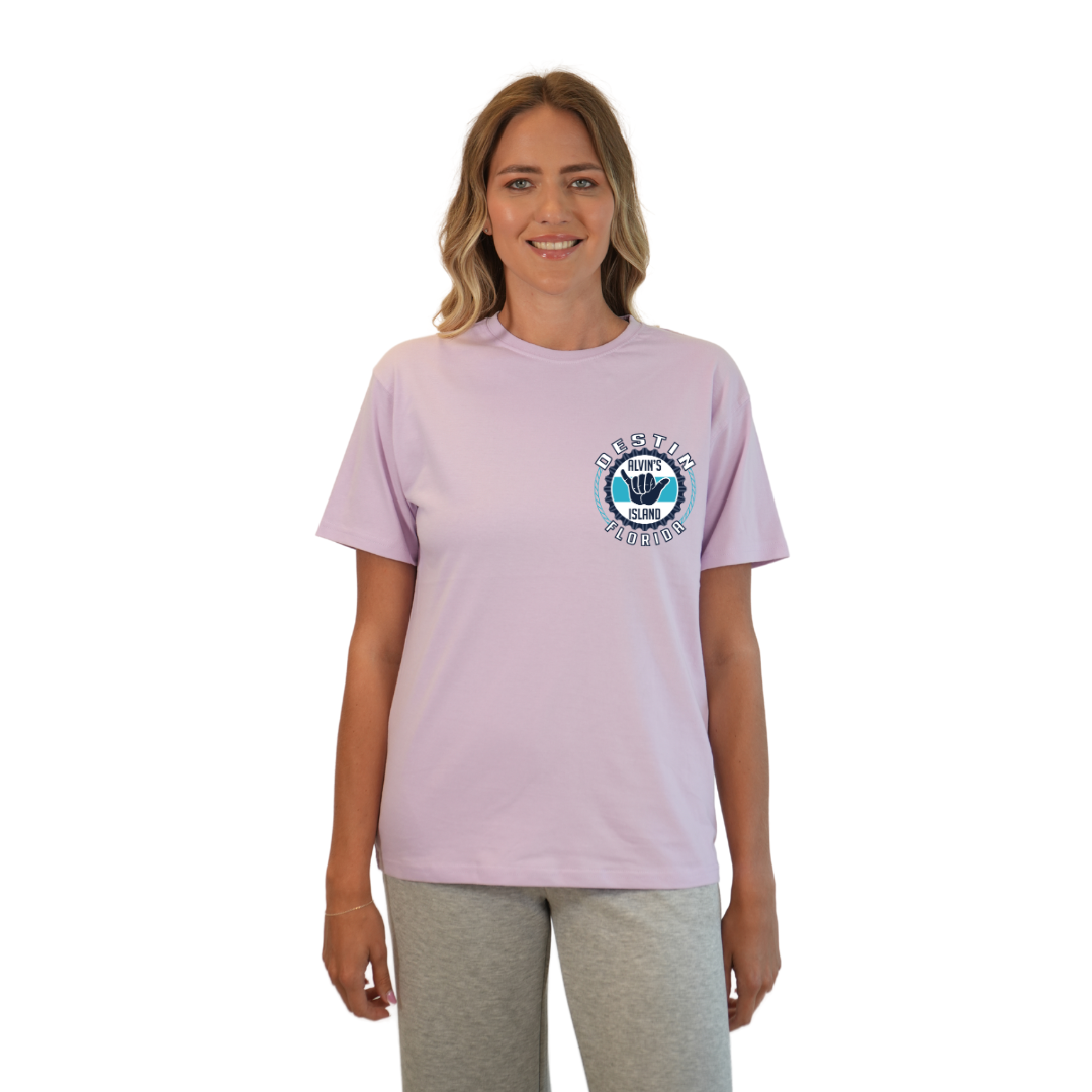 Destin Combed Cotton Women T-Shirt with a Alvin's island Hang Loose Design Style CC1000 T-SHIRT alvinsisland.com Purple Ice S