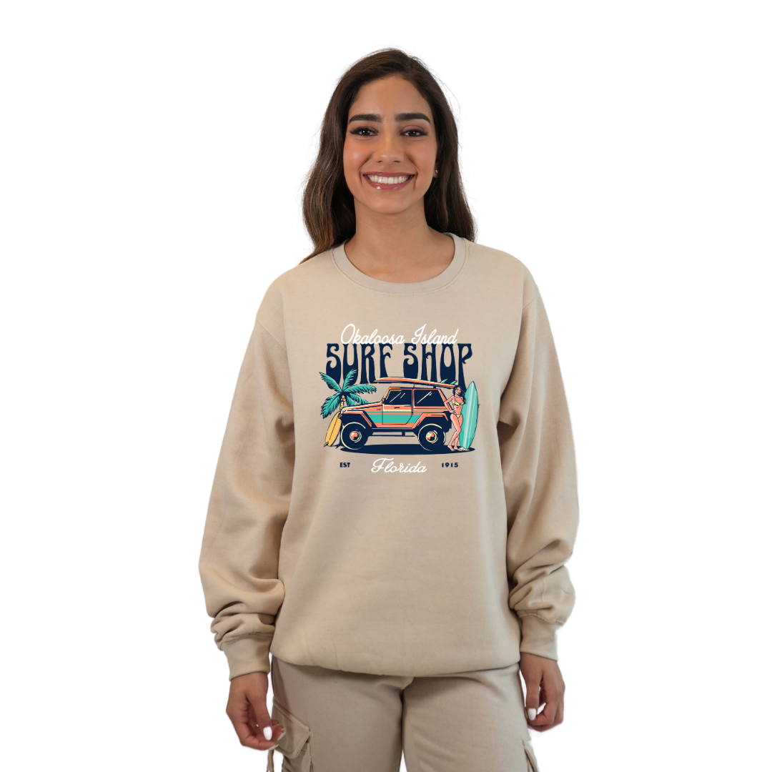 Okaloosa Island Fleece Crewneck Sweatshirt Women with Surf Shop Front Design Style 067