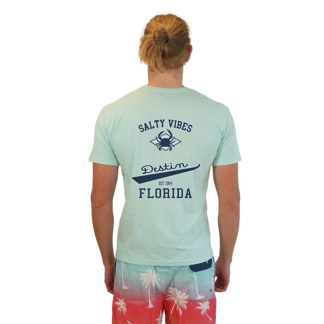 Destin Florida Combed Cotton Men T-Shirt with a Front Pocket Design and back "Salty Vibes Crab" Design Style CC1000 T-SHIRT alvinsisland.com