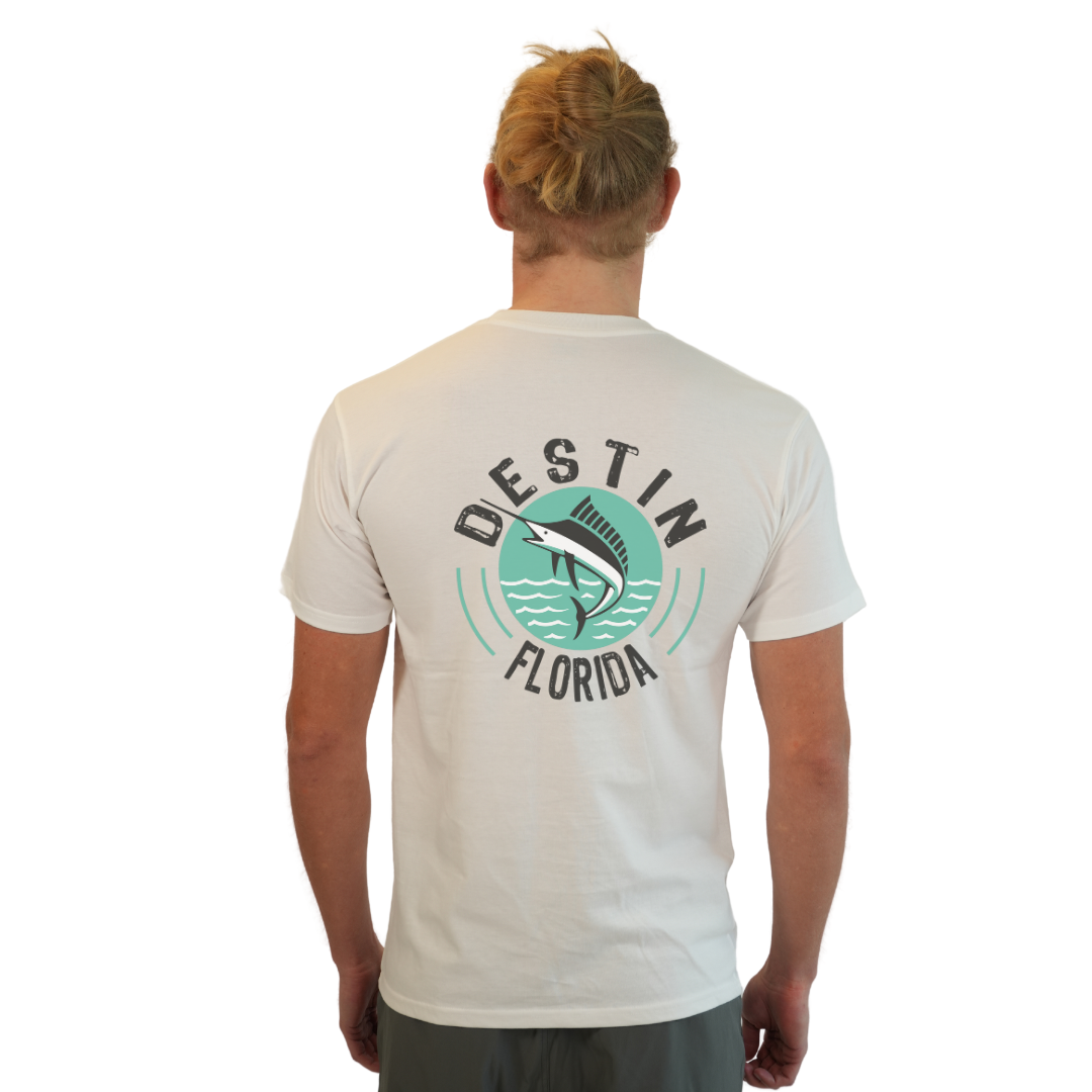 Destin Florida Combed Cotton Men T-Shirt with a Front Pocket Design and back big Marlin Design Style CC1000