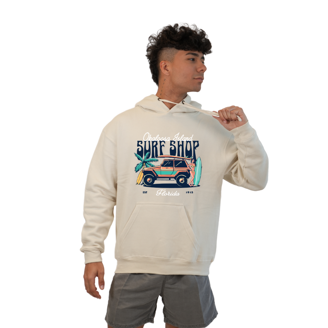 Okaloosa Island Hoodie Men with Surf Shop Front Design Style 252