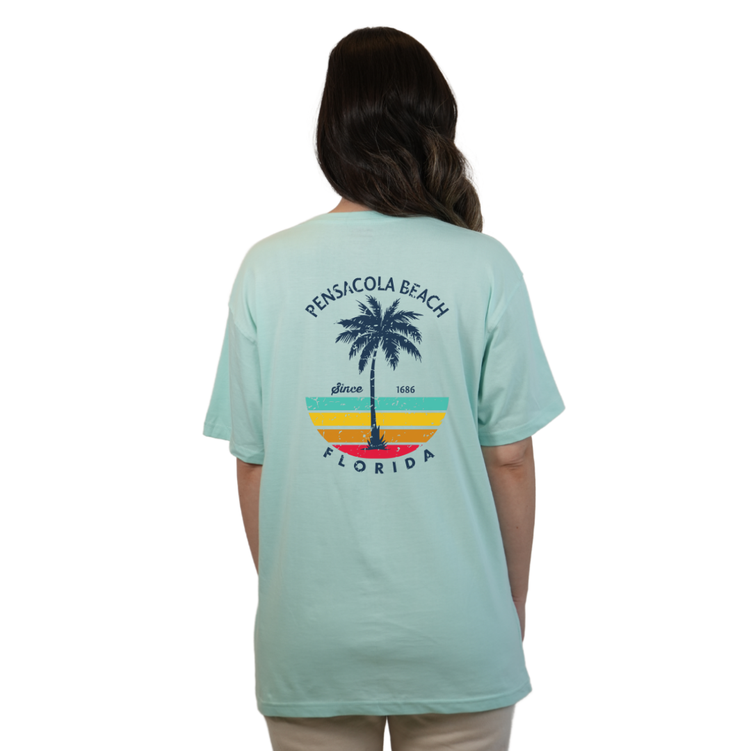 Pensacola Beach Palm Tree/ Stripes Combed/Cotton Women T-Shirt Style Cc1000
