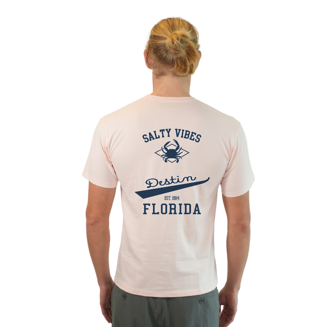 Destin Florida Combed Cotton Men T-Shirt with a Front Pocket Design and back "Salty Vibes Crab" Design Style CC1000 T-SHIRT alvinsisland.com