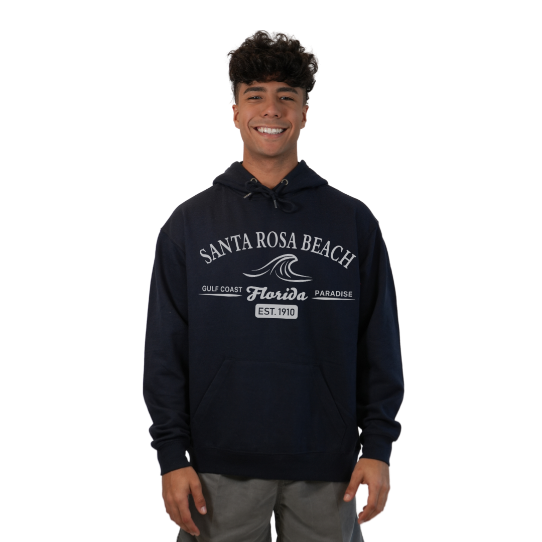 Santa Rosa Beach Pullover Hoodie Men with Big Front Florida Gulf Coast Paradise with Wave Icon Design Style 252