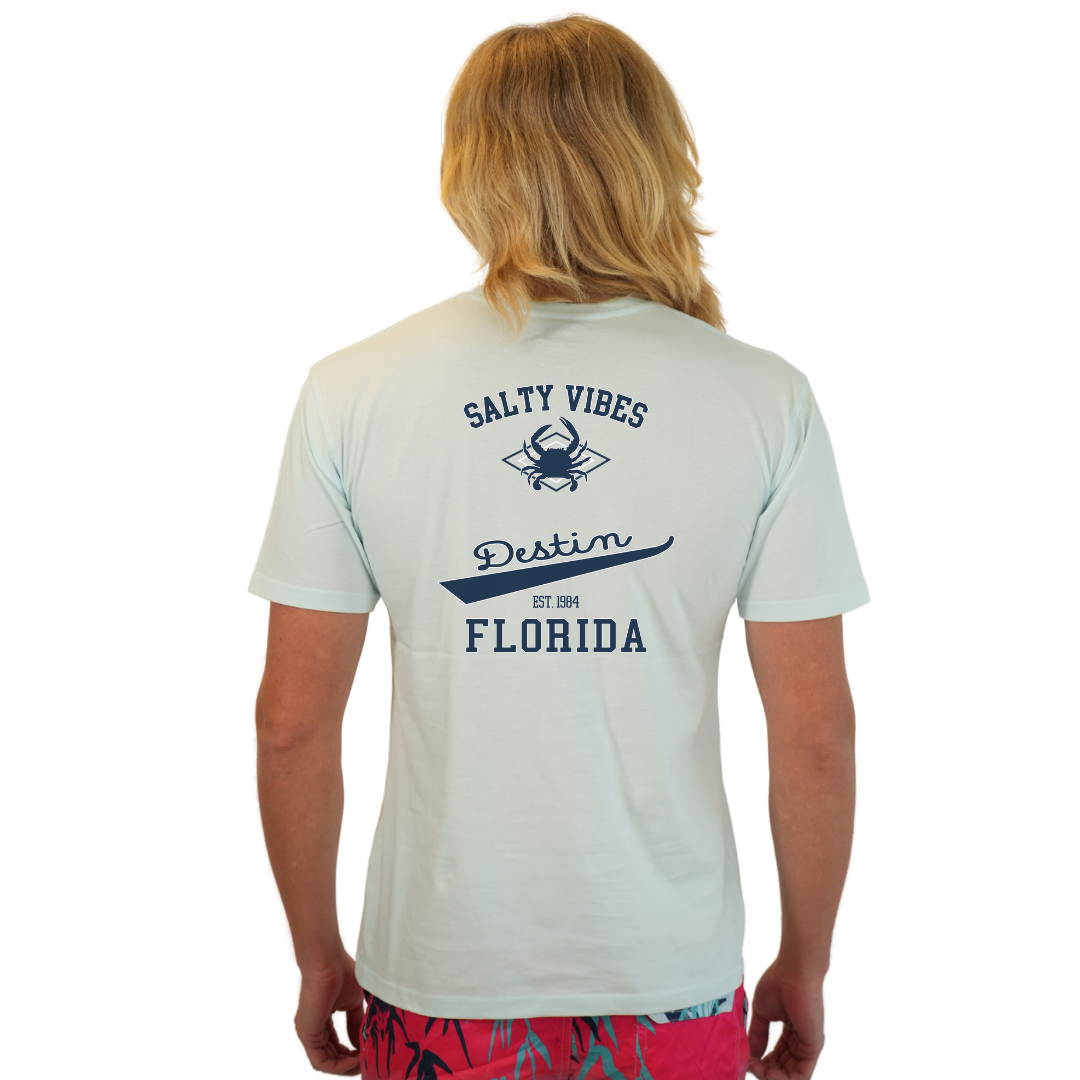 Destin Florida Combed Cotton Men T-Shirt with a Front Pocket Design and back "Salty Vibes Crab" Design Style CC1000 T-SHIRT alvinsisland.com