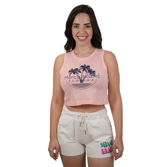 Marco Island Women Knot Crop Top with Palm Tree Design Color Pink Rosetta Style 141 WOMEN TOP alvinsisland.com SMALL PINK ROSETTA