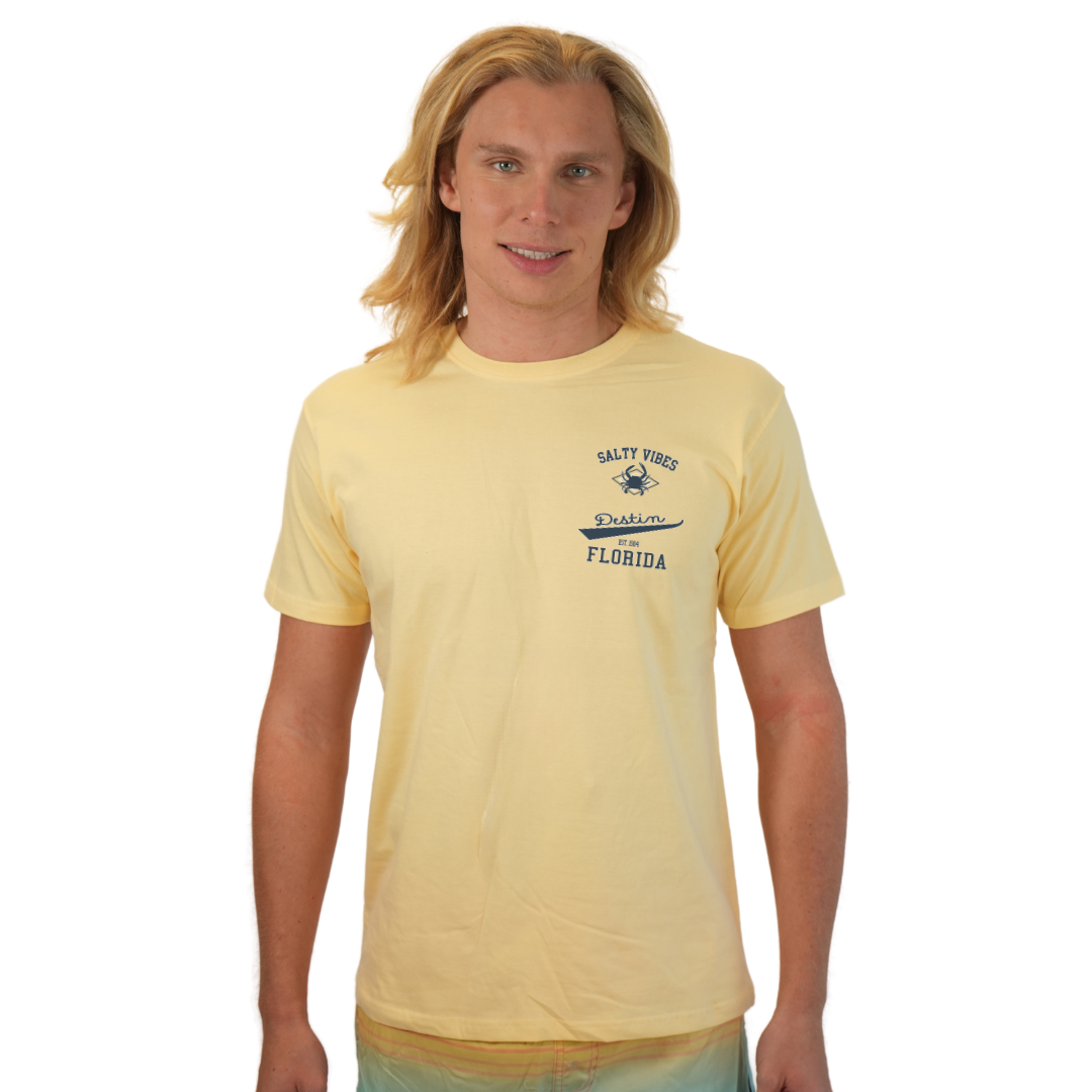 Destin Florida Combed Cotton Men T-Shirt with a Front Pocket Design and back "Salty Vibes Crab" Design Style CC1000 T-SHIRT alvinsisland.com S SOFT YELLOW