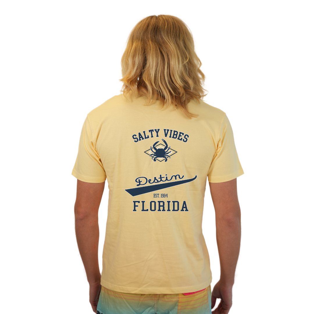 Destin Florida Combed Cotton Men T-Shirt with a Front Pocket Design and back "Salty Vibes Crab" Design Style CC1000 T-SHIRT alvinsisland.com