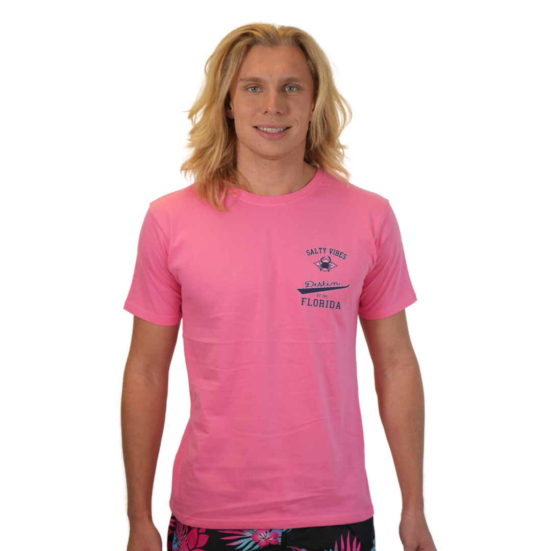 Destin Florida Combed Cotton Men T-Shirt with a Front Pocket Design and back "Salty Vibes Crab" Design Style CC1000 T-SHIRT alvinsisland.com S FLAMINGO PINK