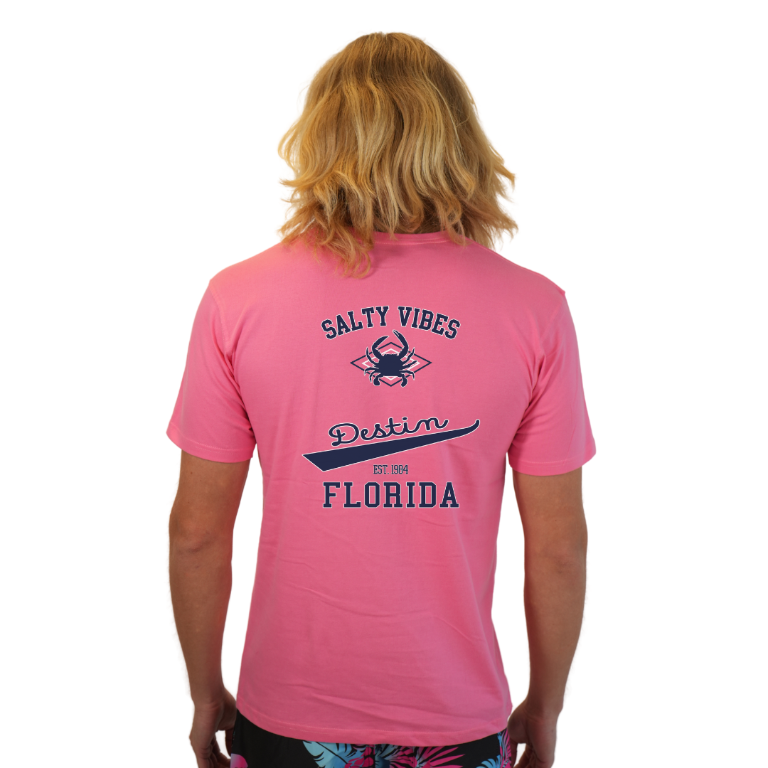 Destin Florida Combed Cotton Men T-Shirt with a Front Pocket Design and back "Salty Vibes Crab" Design Style CC1000 T-SHIRT alvinsisland.com