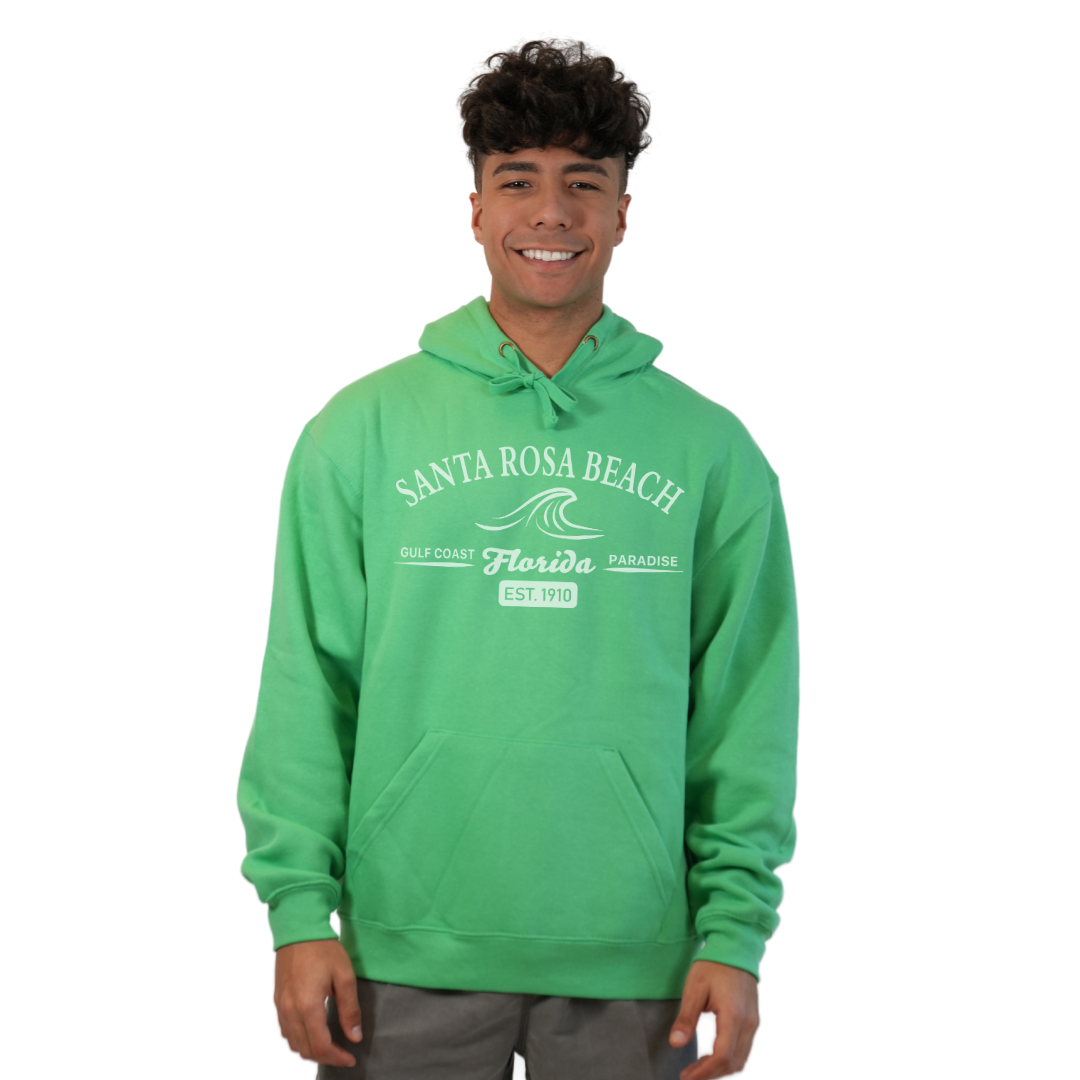 Santa Rosa Beach Pullover Hoodie Men with Big Front Florida Gulf Coast Paradise with Wave Icon Design Style 252