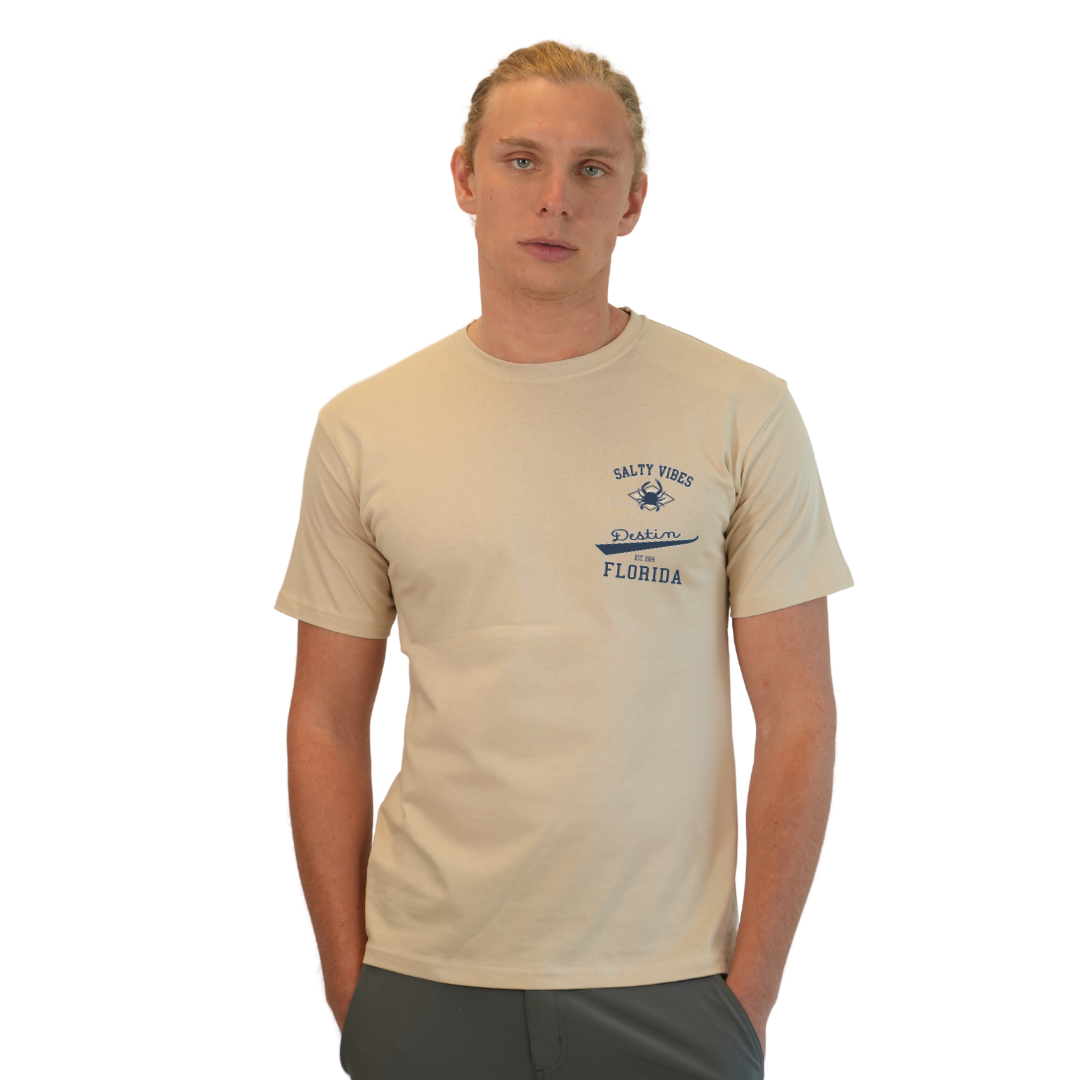 Destin Florida Combed Cotton Men T-Shirt with a Front Pocket Design and back "Salty Vibes Crab" Design Style CC1000 T-SHIRT alvinsisland.com S OYSTER