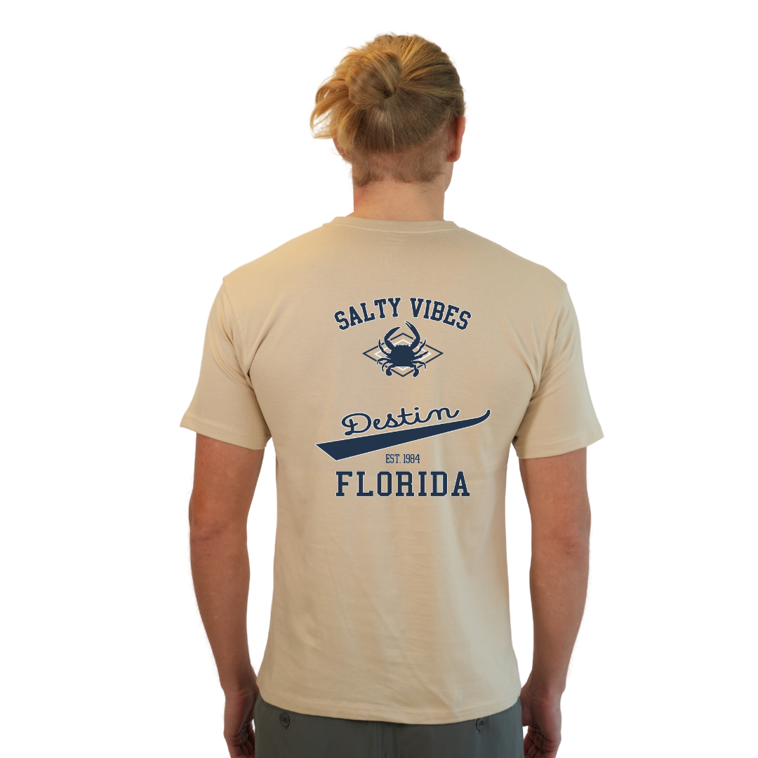 Destin Florida Combed Cotton Men T-Shirt with a Front Pocket Design and back "Salty Vibes Crab" Design Style CC1000 T-SHIRT alvinsisland.com