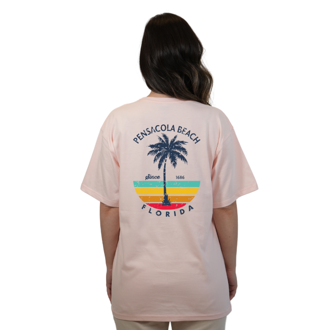 Pensacola Beach Palm Tree/ Stripes Combed/Cotton Women T-Shirt Style Cc1000