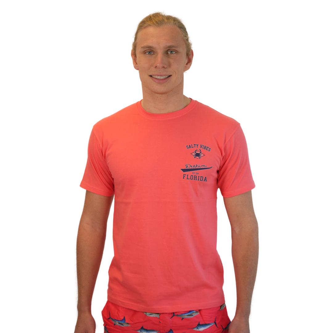 Destin Florida Combed Cotton Men T-Shirt with a Front Pocket Design and back "Salty Vibes Crab" Design Style CC1000 T-SHIRT alvinsisland.com S DIVE CORAL
