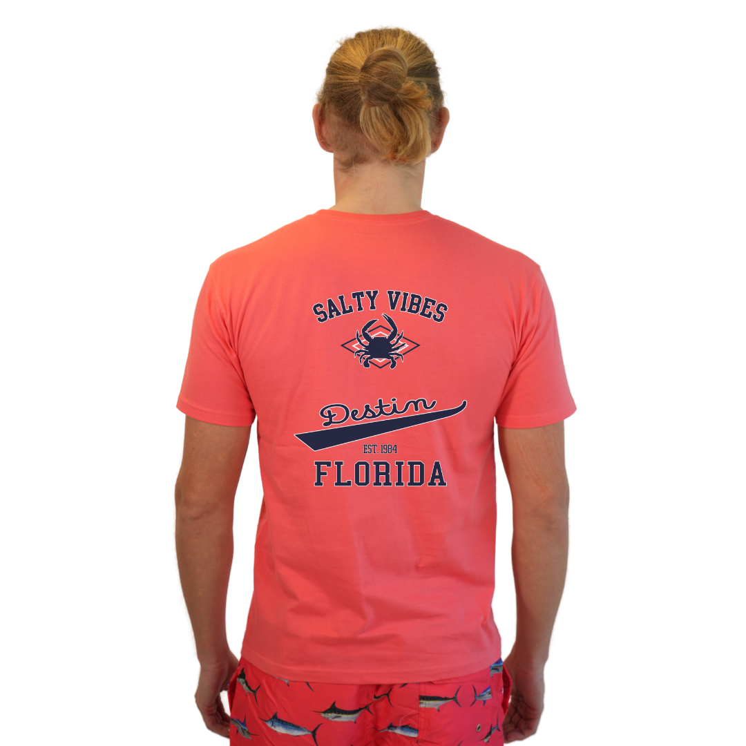 Destin Florida Combed Cotton Men T-Shirt with a Front Pocket Design and back "Salty Vibes Crab" Design Style CC1000 T-SHIRT alvinsisland.com