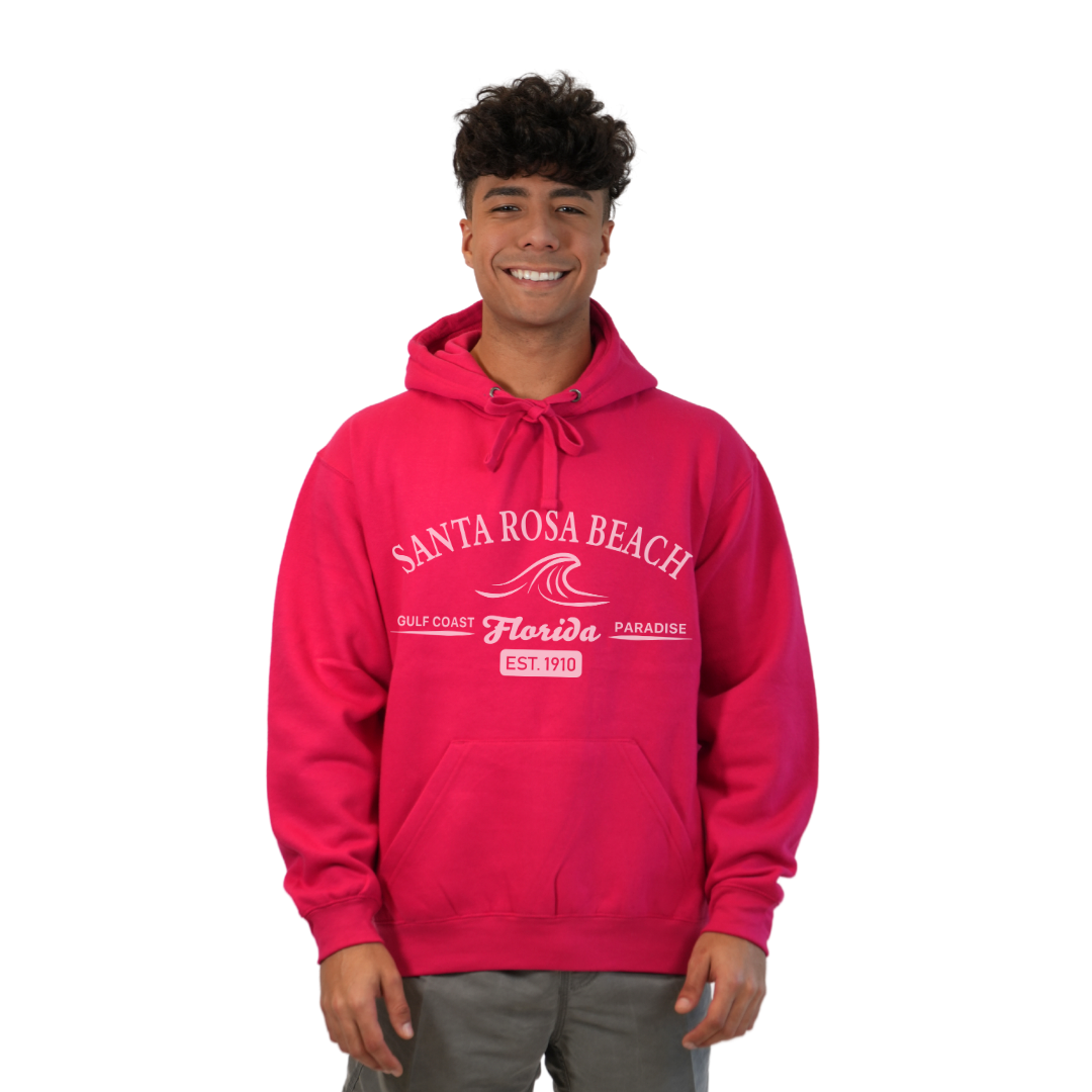 Santa Rosa Beach Pullover Hoodie Men with Big Front Florida Gulf Coast Paradise with Wave Icon Design Style 252
