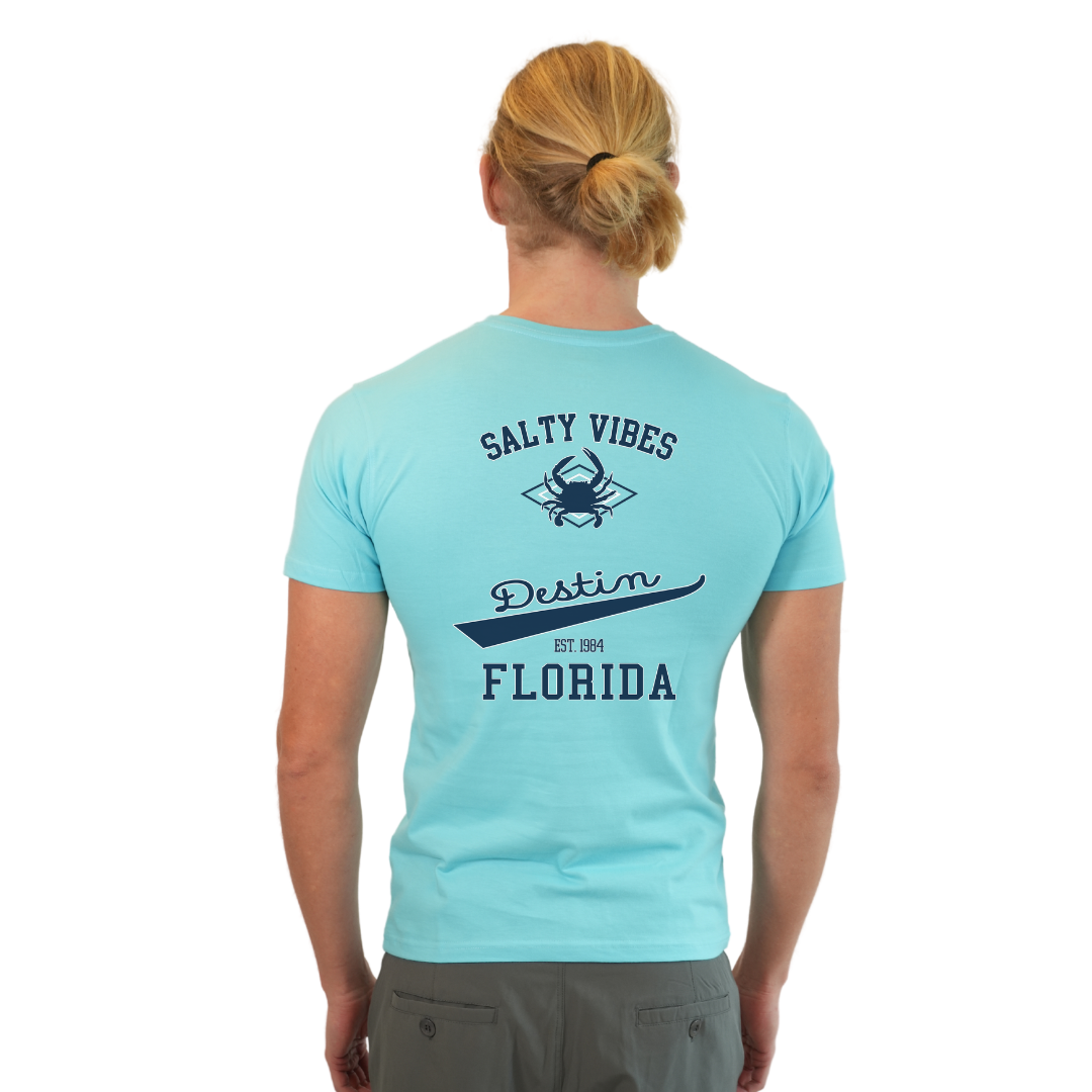 Destin Florida Combed Cotton Men T-Shirt with a Front Pocket Design and back "Salty Vibes Crab" Design Style CC1000 T-SHIRT alvinsisland.com