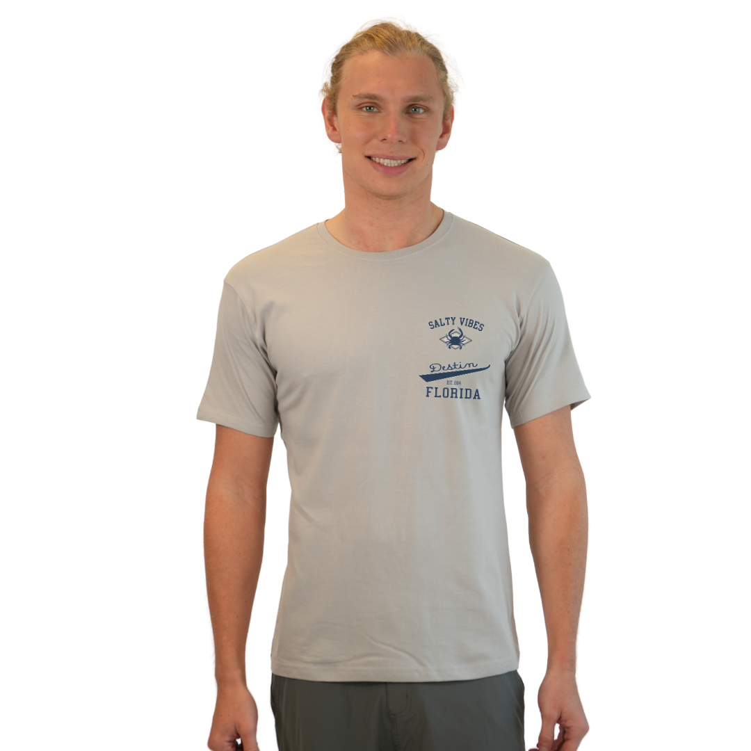 Destin Florida Combed Cotton Men T-Shirt with a Front Pocket Design and back "Salty Vibes Crab" Design Style CC1000 T-SHIRT alvinsisland.com S SILVER