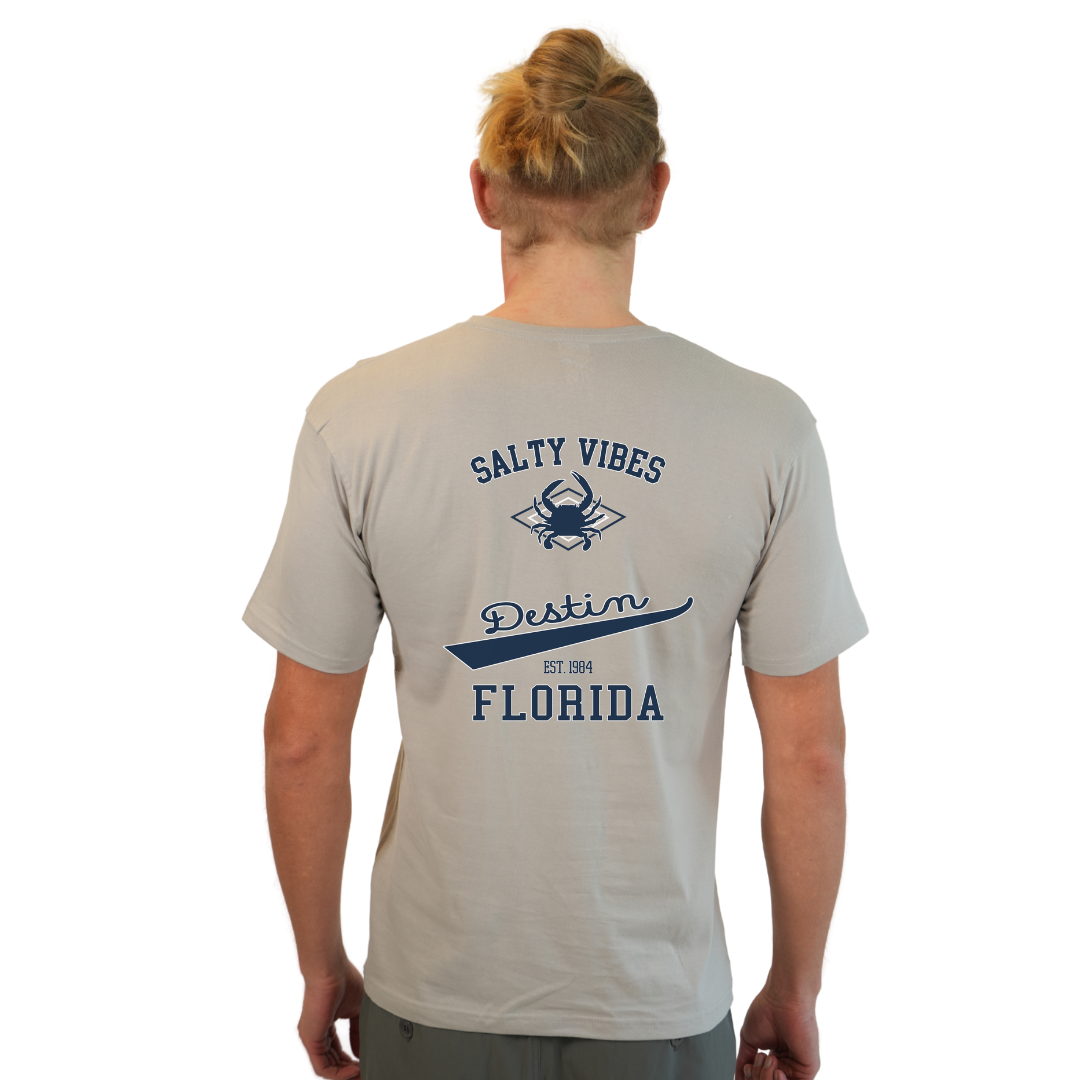 Destin Florida Combed Cotton Men T-Shirt with a Front Pocket Design and back "Salty Vibes Crab" Design Style CC1000 T-SHIRT alvinsisland.com