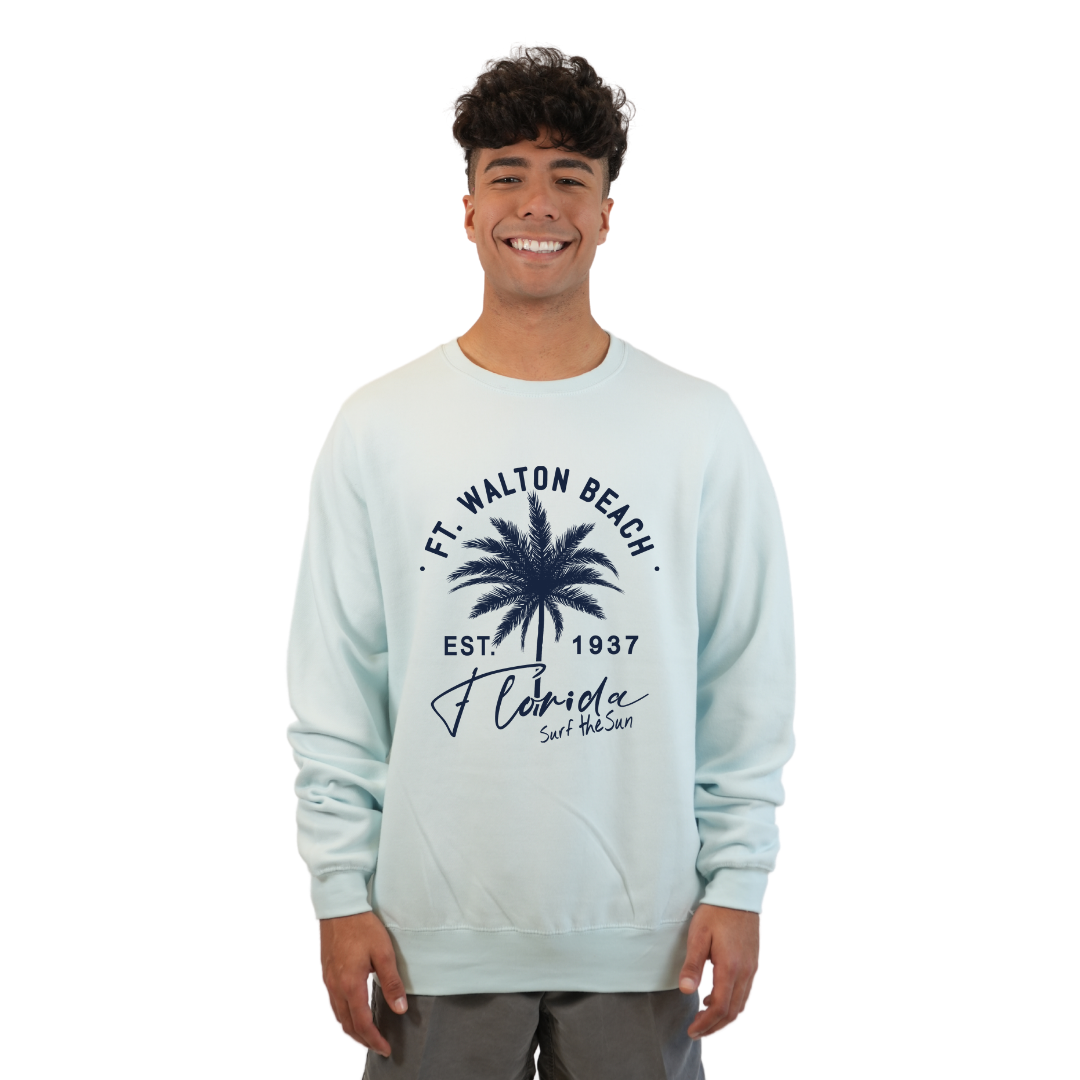 Ft. Walton Beach Fleece Crewneck Sweatshirt Men with a Front Palm Tree Est. 1984 Design Style 067