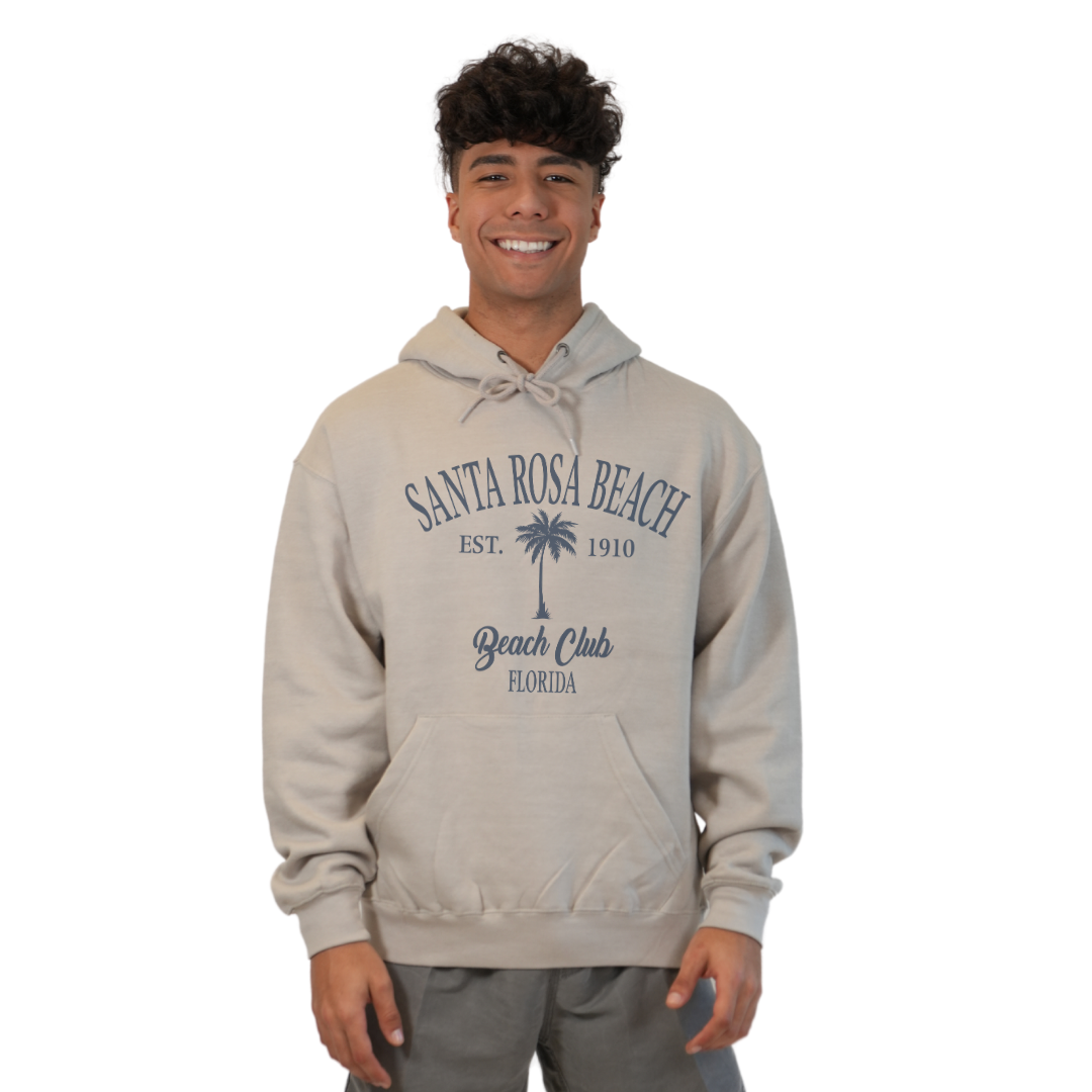 Santa Rosa Beach Pullover Hoodie Men with Big Front Palm Tree Beach Club Design Style 252