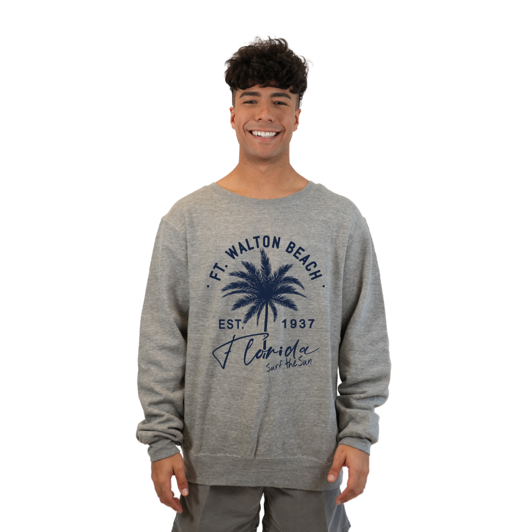 Ft. Walton Beach Fleece Crewneck Sweatshirt Men with a Front Palm Tree Est. 1984 Design Style 067