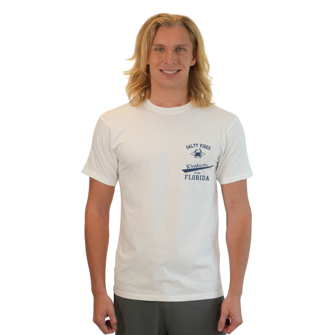 Destin Florida Combed Cotton Men T-Shirt with a Front Pocket Design and back "Salty Vibes Crab" Design Style CC1000 T-SHIRT alvinsisland.com S WHITE