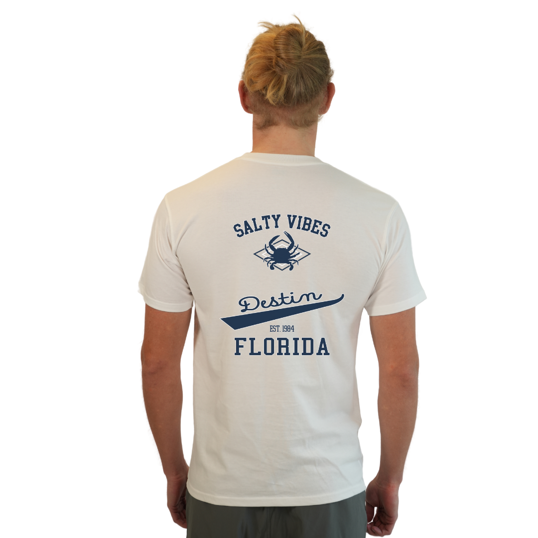 Destin Florida Combed Cotton Men T-Shirt with a Front Pocket Design and back "Salty Vibes Crab" Design Style CC1000 T-SHIRT alvinsisland.com