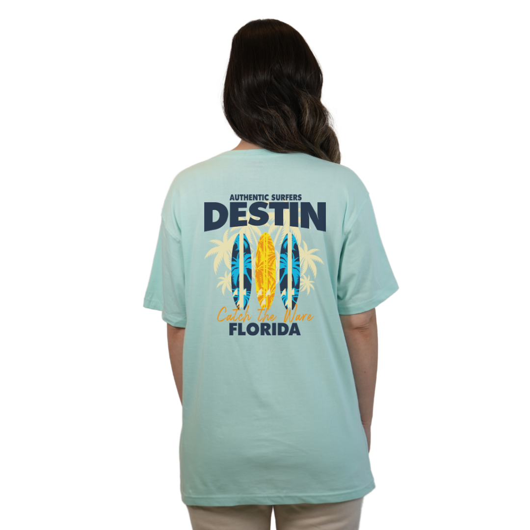 Destin Florida Combed Cotton Women T-Shirt with a Front Pocket Design and back big 3 Surf Boards Design Style CC1000