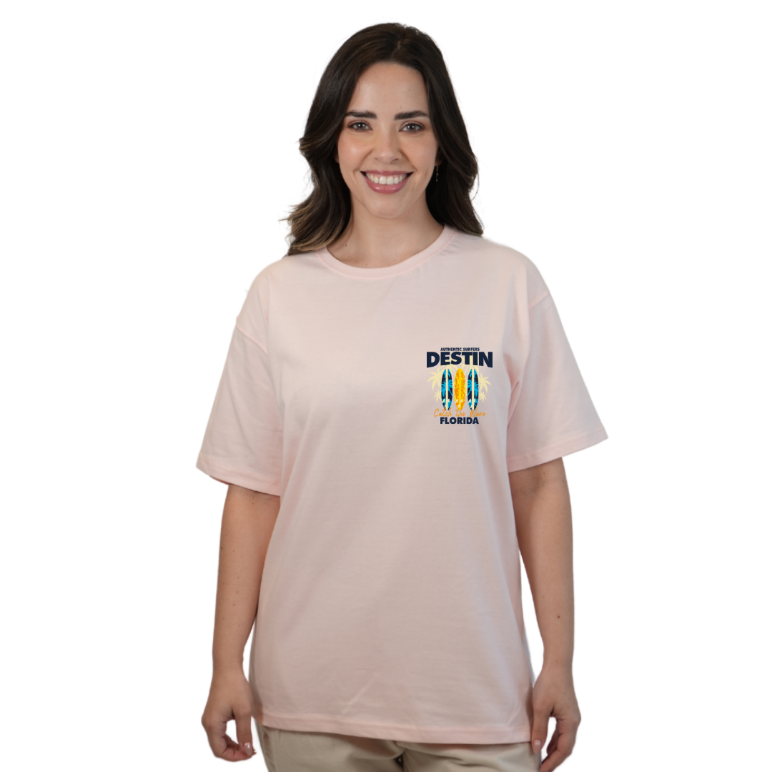 Destin Florida Combed Cotton Women T-Shirt with a Front Pocket Design and back big 3 Surf Boards Design Style CC1000