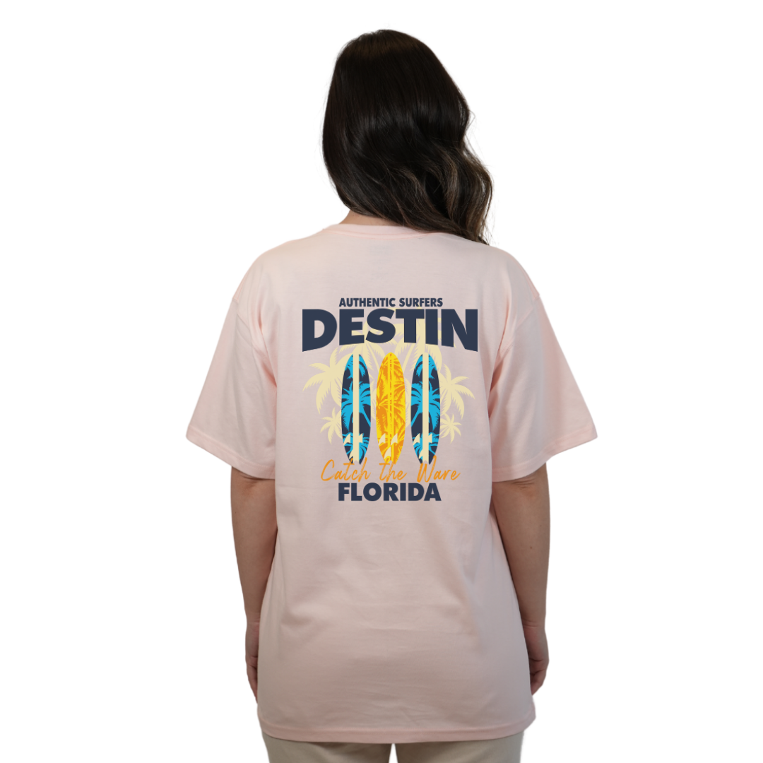 Destin Florida Combed Cotton Women T-Shirt with a Front Pocket Design and back big 3 Surf Boards Design Style CC1000