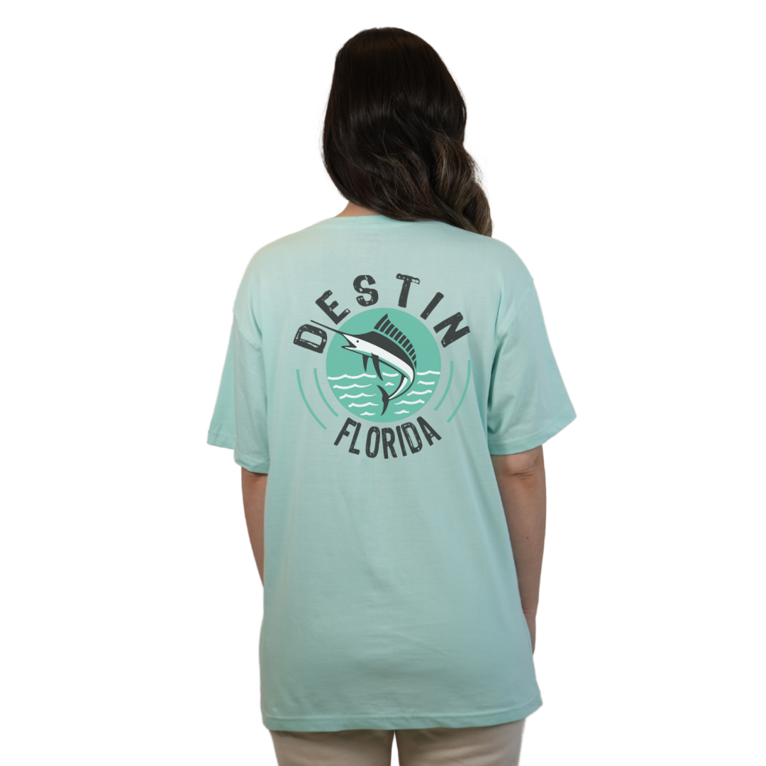Destin Florida Combed Cotton Women T-Shirt with a Front Pocket Design and back big Marlin Design Style CC1000 T-SHIRT alvinsisland.com