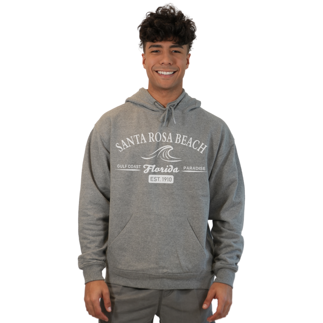 Santa Rosa Beach Pullover Hoodie Men with Big Front Florida Gulf Coast Paradise with Wave Icon Design Style 252