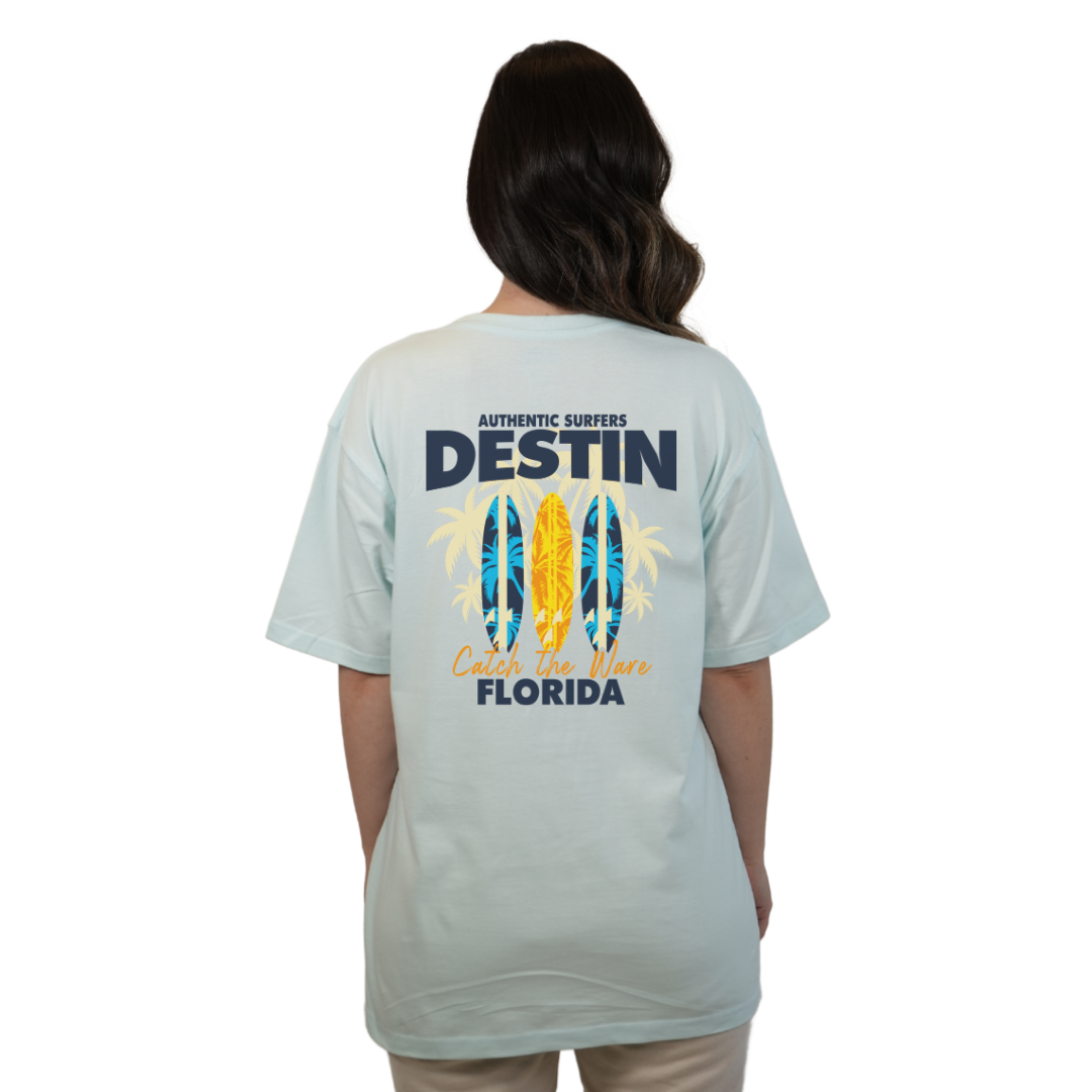 Destin Florida Combed Cotton Women T-Shirt with a Front Pocket Design and back big 3 Surf Boards Design Style CC1000