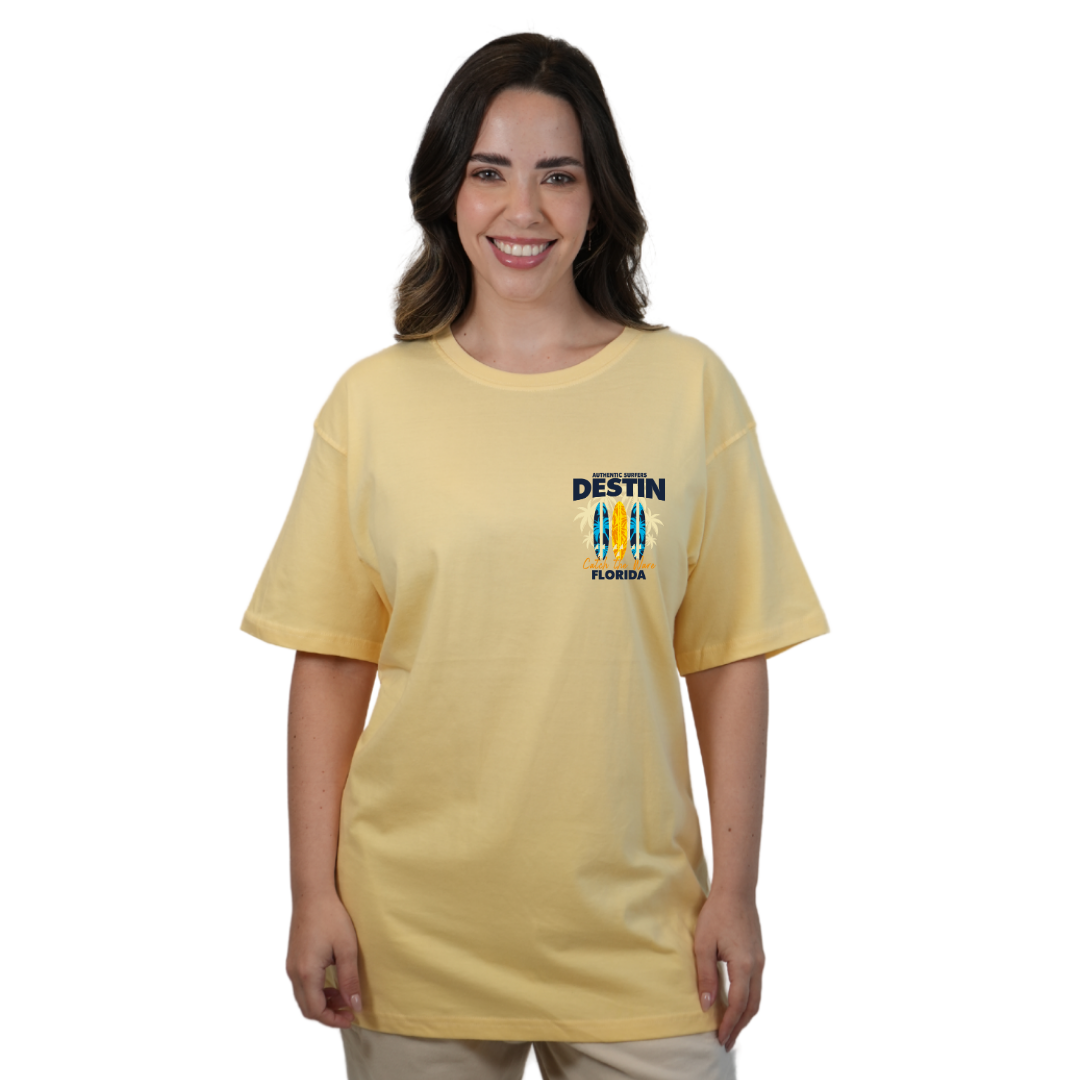 Destin Florida Combed Cotton Women T-Shirt with a Front Pocket Design and back big 3 Surf Boards Design Style CC1000