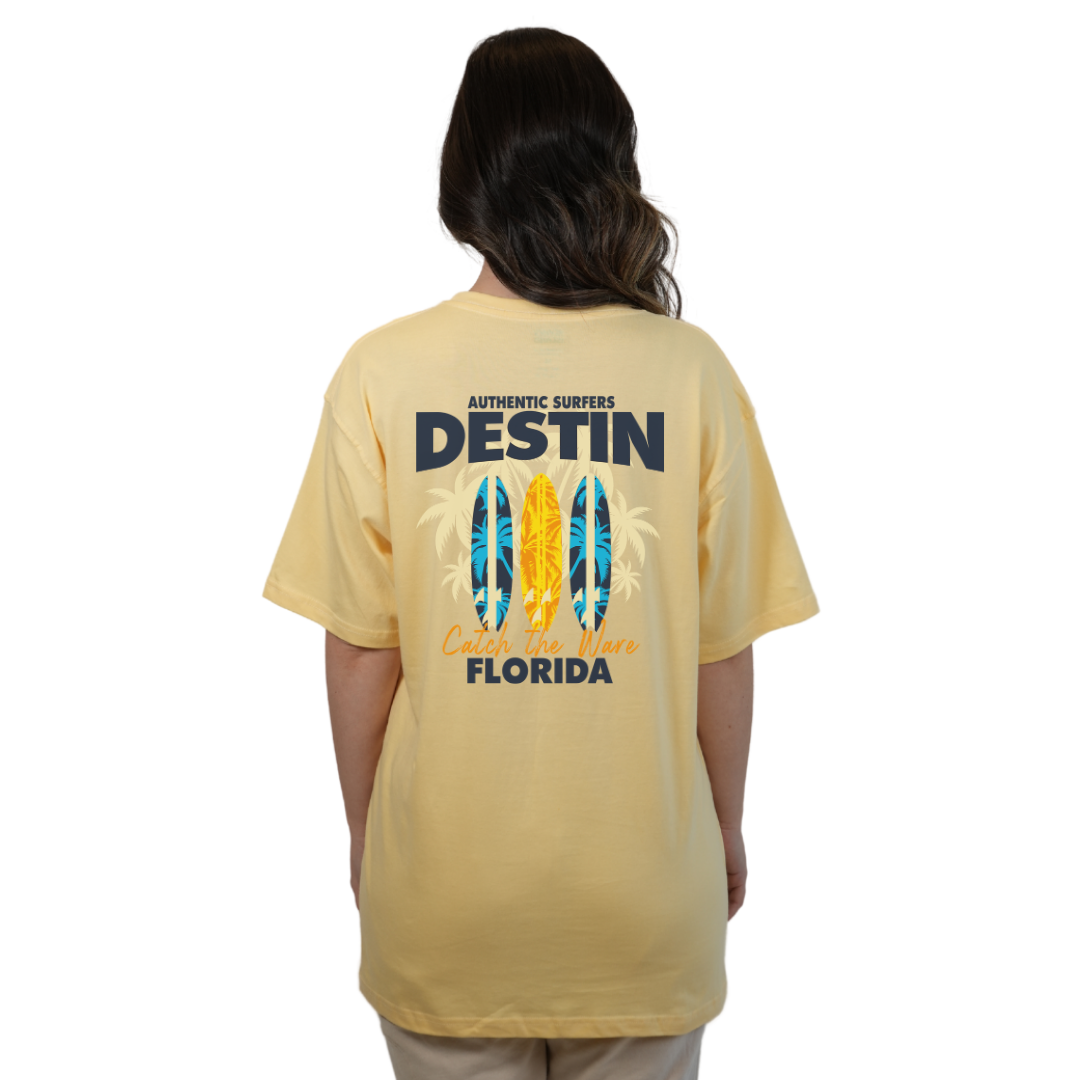 Destin Florida Combed Cotton Women T-Shirt with a Front Pocket Design and back big 3 Surf Boards Design Style CC1000