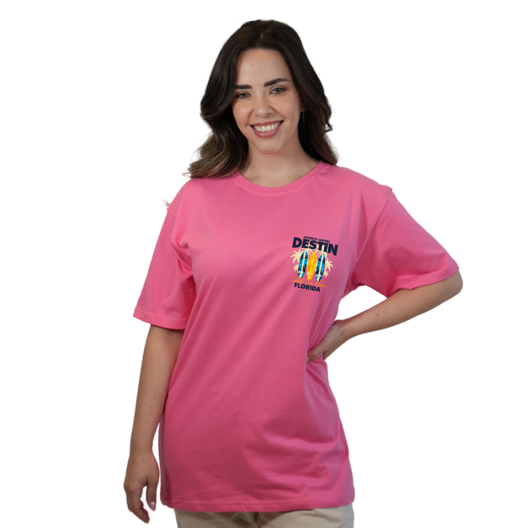 Destin Florida Combed Cotton Women T-Shirt with a Front Pocket Design and back big 3 Surf Boards Design Style CC1000