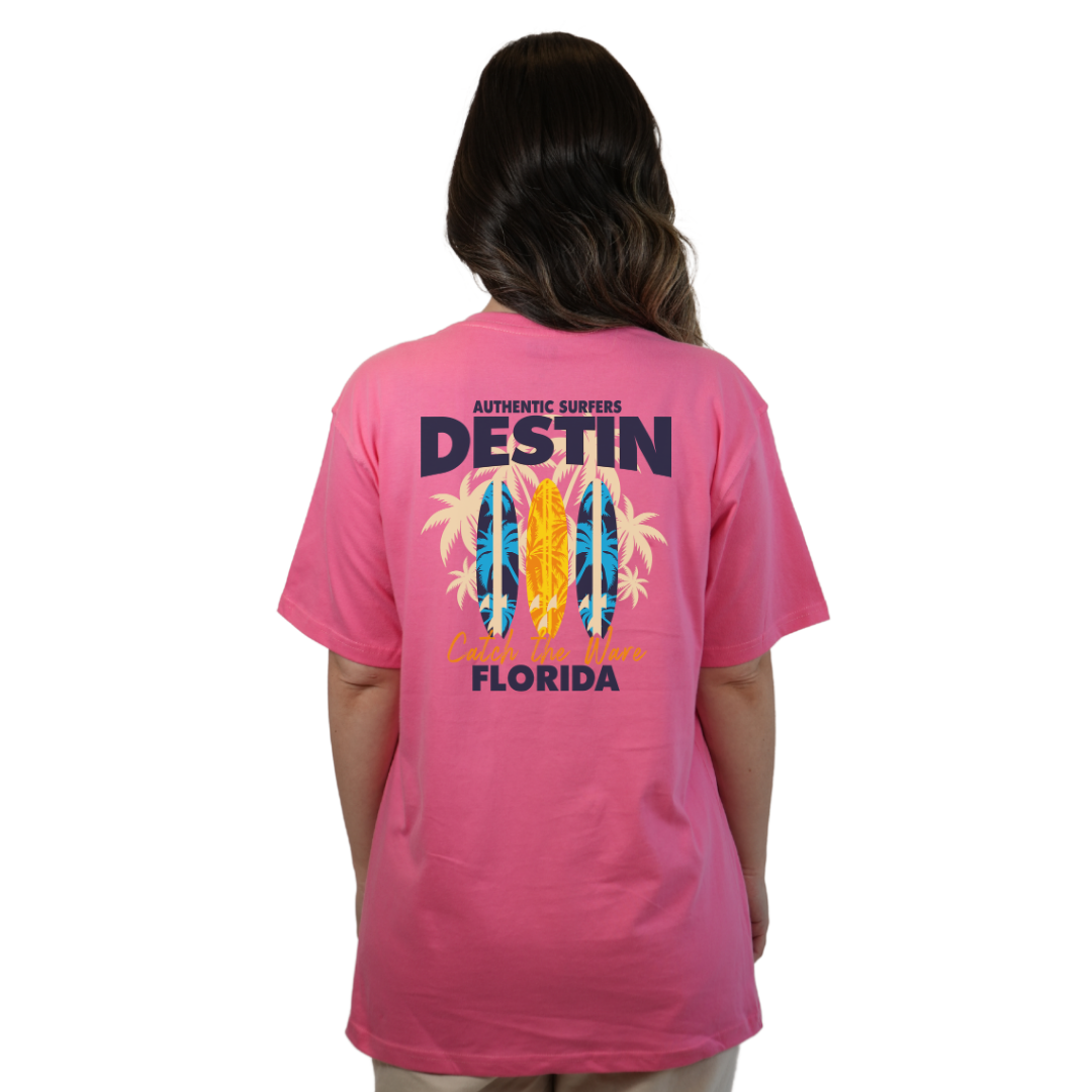 Destin Florida Combed Cotton Women T-Shirt with a Front Pocket Design and back big 3 Surf Boards Design Style CC1000