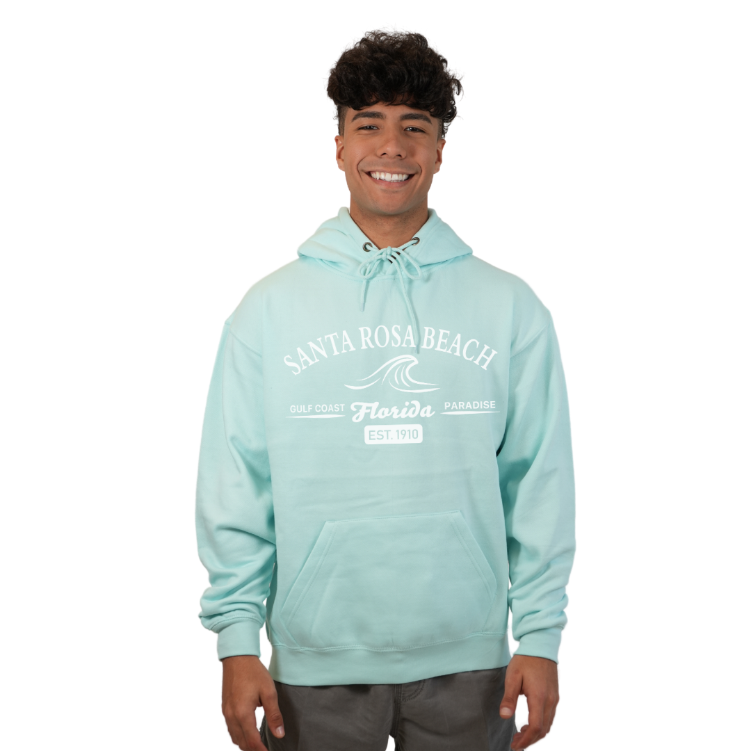 Santa Rosa Beach Pullover Hoodie Men with Big Front Florida Gulf Coast Paradise with Wave Icon Design Style 252