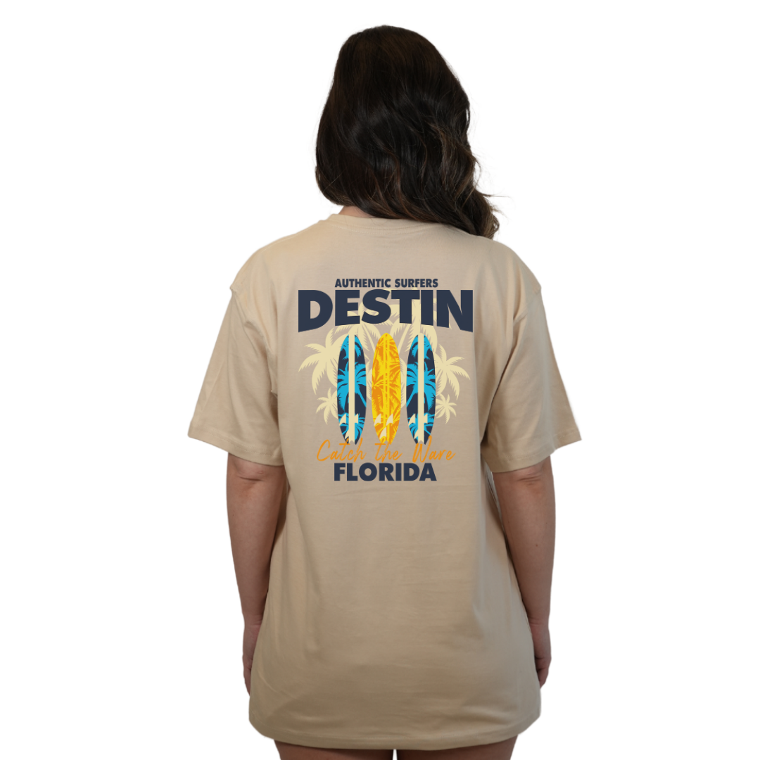 Destin Florida Combed Cotton Women T-Shirt with a Front Pocket Design and back big 3 Surf Boards Design Style CC1000